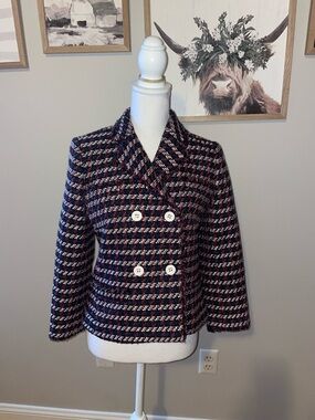 Ann Taylor Double-Breasted Tweed Jacket in Navy Multi